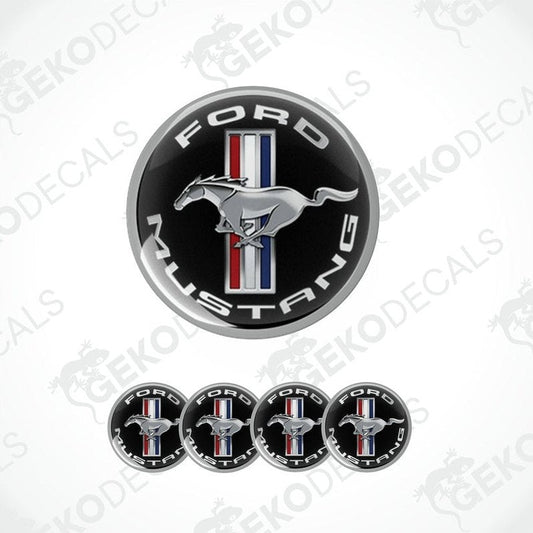 A set of four Ford Mustang branded vinyl decals with a polyurethane coating, featuring the iconic Mustang horse logo.