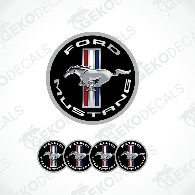 A set of four Ford Mustang branded vinyl decals with a polyurethane coating, featuring the iconic Mustang horse logo.