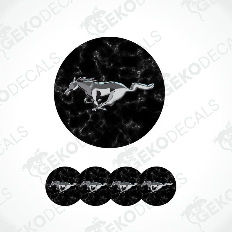 A set of four black vinyl decals with a white horse pattern, likely representing the FORD MUSTANG logo.