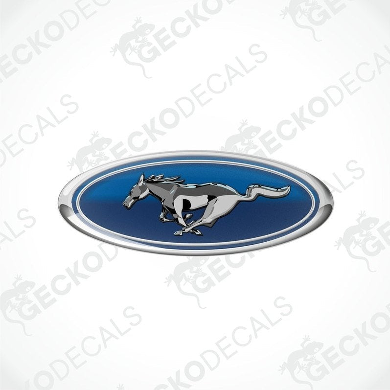  Blue, silver, and white vinyl stickers with a horse and the FORD MUSTANG logo on them.