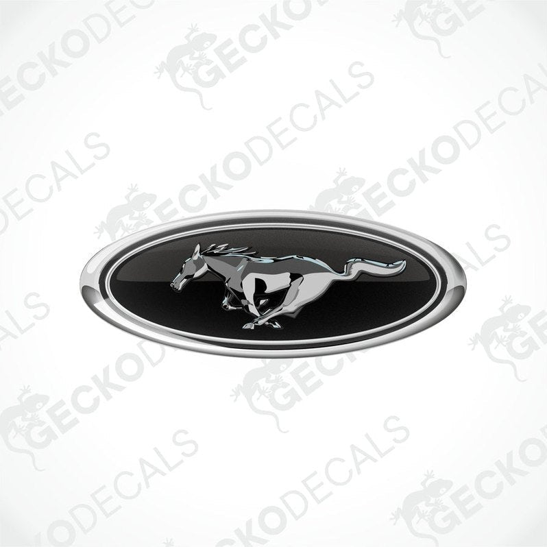 Black, silver, and white vinyl stickers with a horse and the FORD MUSTANG logo on them.