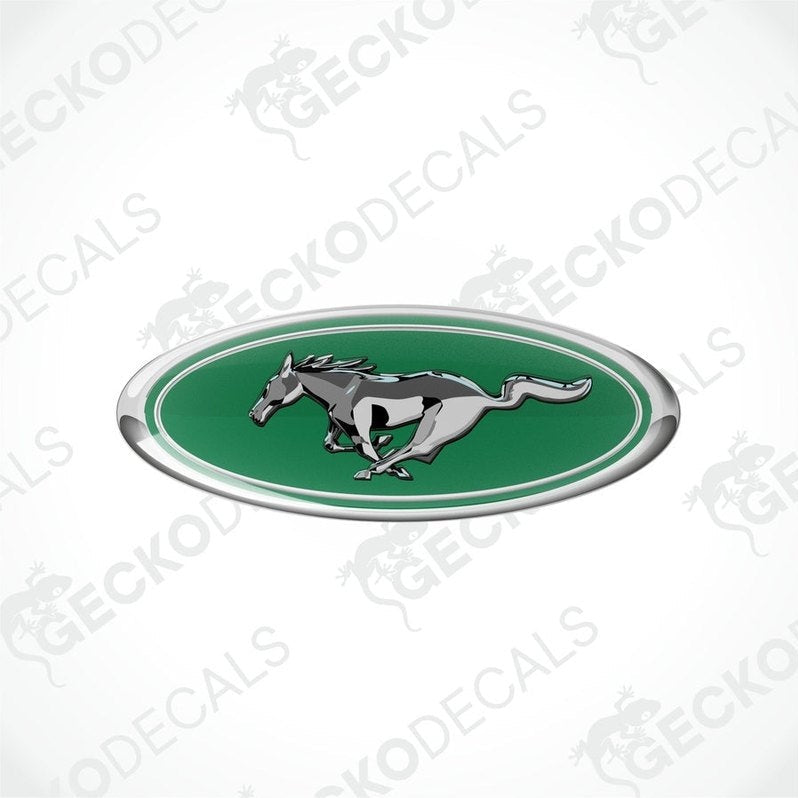 Green, silver, and white vinyl stickers with a horse and the FORD MUSTANG logo on them.