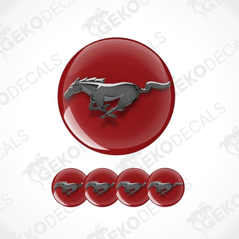 Red round decal with a horse emblem and five smaller identical decals below on a white background.