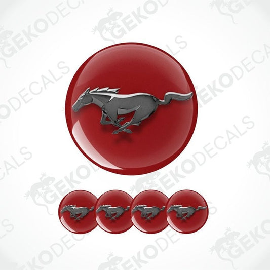 Red round decal with a horse emblem and five smaller identical decals below on a white background.