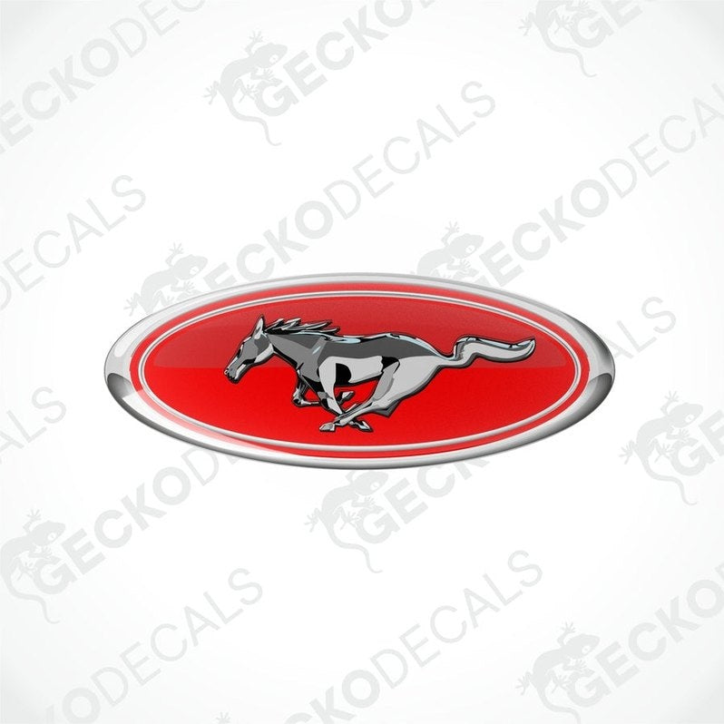  Red, silver, and white vinyl stickers with a horse and the FORD MUSTANG logo on them.