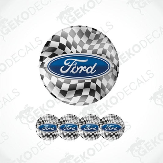 a checkered flag on a round background and in the middle of it is the Ford logo inside a three-dimensional blue oval