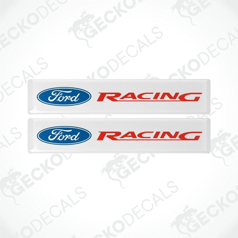 Two white vinyl decals with the Ford Racing logo in blue and red.