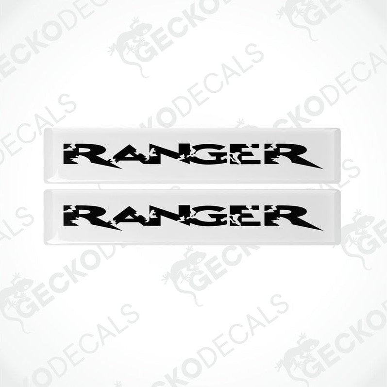 Two white vinyl stickers with the word 'RANGER' in black text, placed against a white background.