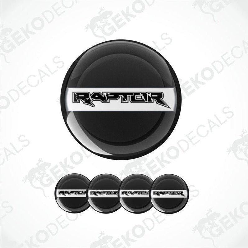 Inside the black circle is a white stripe with Raptor written on it epoxy decal set