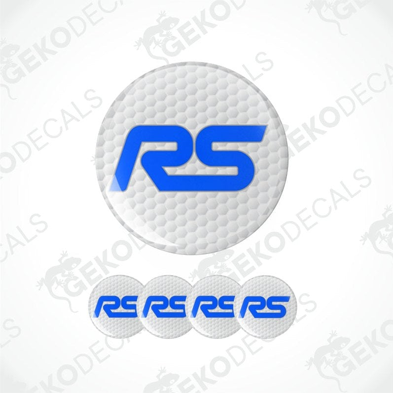 white honeycomb motif on a round background with a blue RS logo in the middle car epoxy decal set