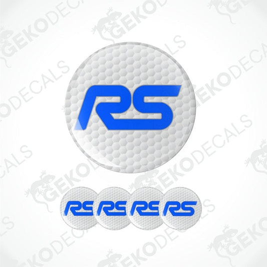 white honeycomb motif on a round background with a blue RS logo in the middle car epoxy decal set