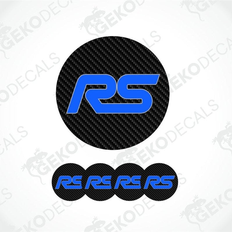 black carbon fiber on a round background with blue RS logo on the middle