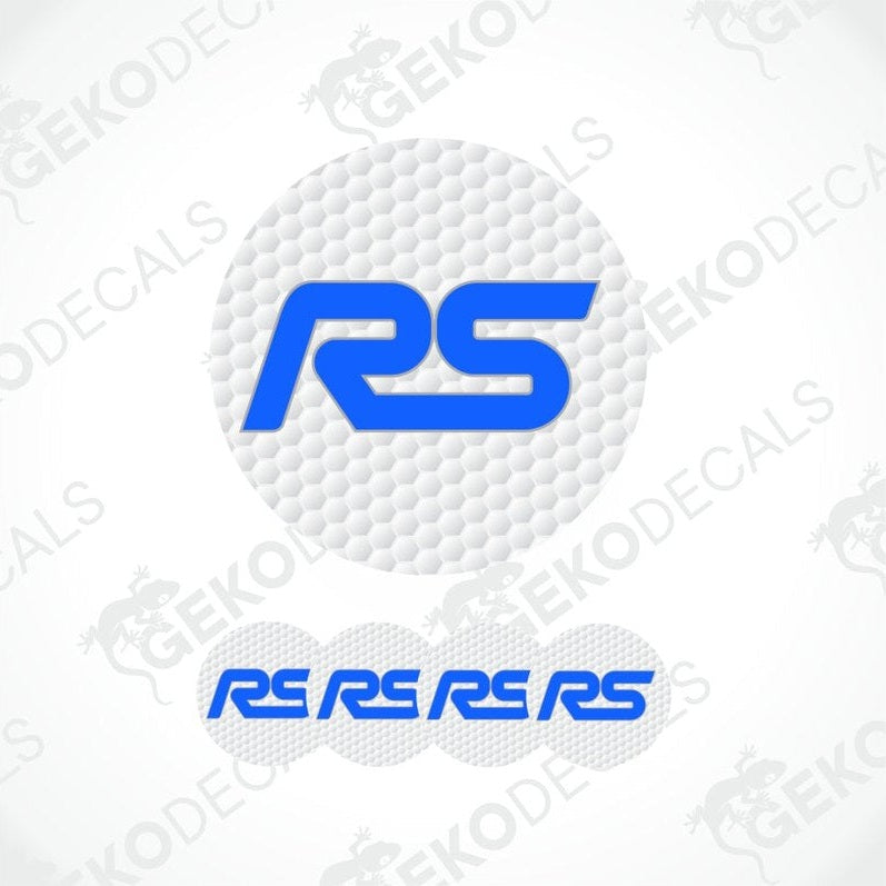 white honeycomb motif on a round background with a blue RS logo in the middle 