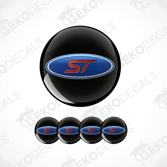 Epoxy decal Set of blue and red 'ST' logo on a black circle, white background with 'GECKODECALS' branding.