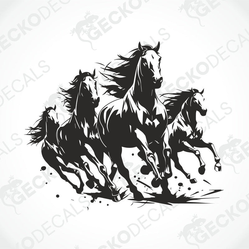A decal of four black horses running with a gecko decals logo at the top.