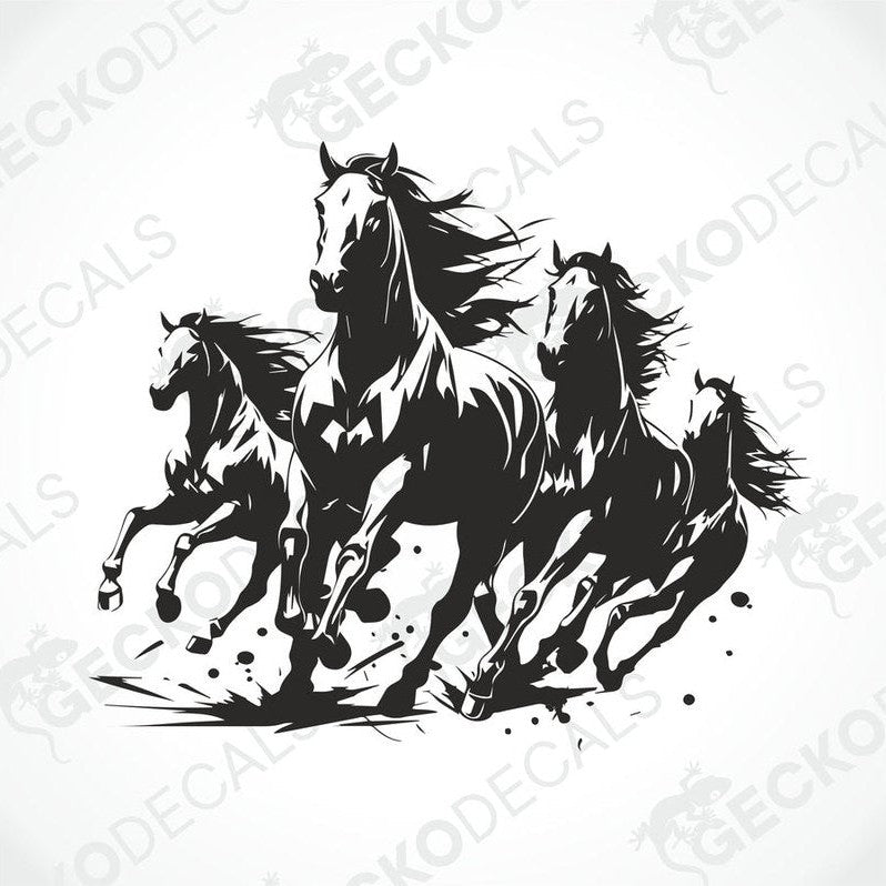 A decal of four black horses running with a gecko decals logo at the top.