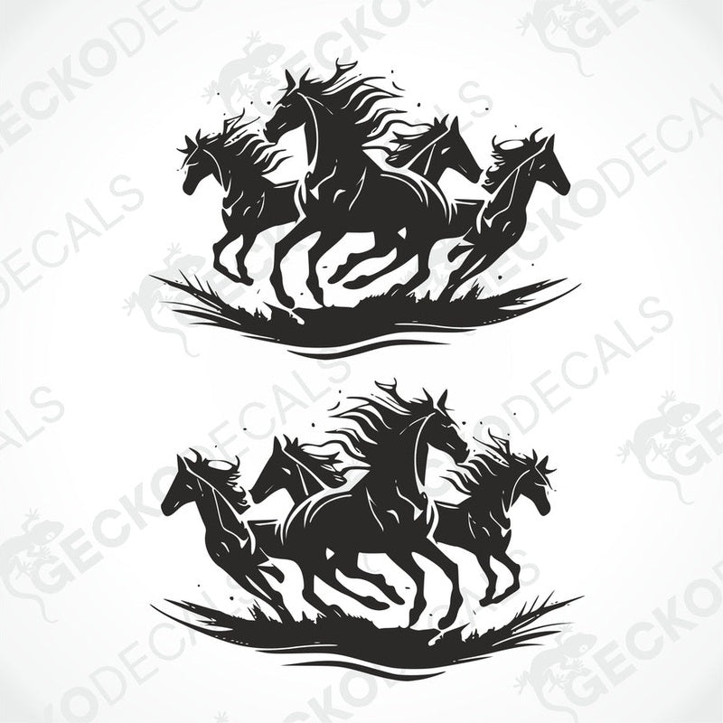 A black trailer with a die cut decal featuring four running horses on the side.