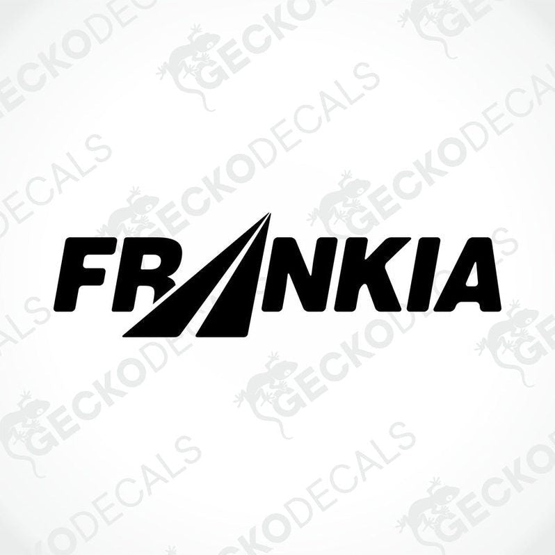 A black and white die cut sticker with the word 'FRANKIA' written in a stylized font and a horizontal white line next to the 'K' in 'FRANKIA'.