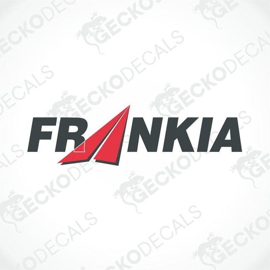 A die cut sticker with the brand name FRANKIA printed in red and grey letters.