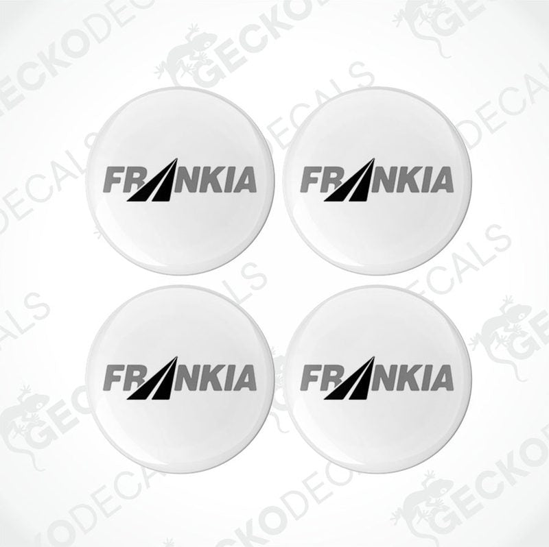 Four white round decals with the word 'FRANKIA' and a small graphic symbol in black, placed on a white background.
