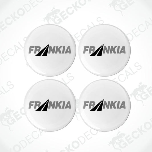Four white round decals with the word 'FRANKIA' and a small graphic symbol in black, placed on a white background.