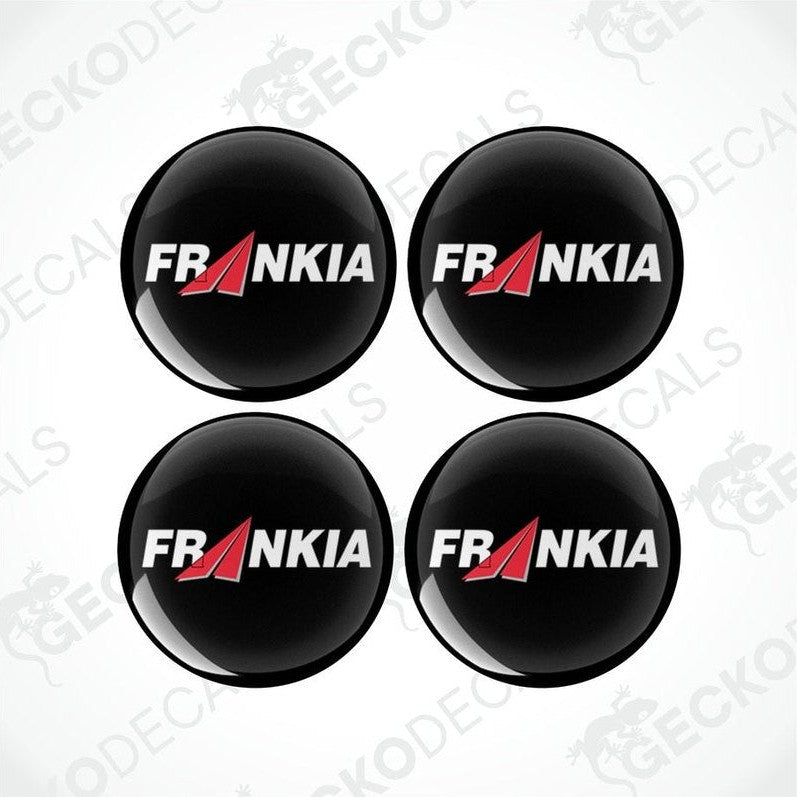 A set of four black vinyl decals with the white text 'FRANKIA' on them, presented against a white background.