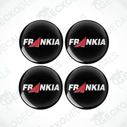 A set of four black vinyl decals with the white text 'FRANKIA' on them, presented against a white background.
