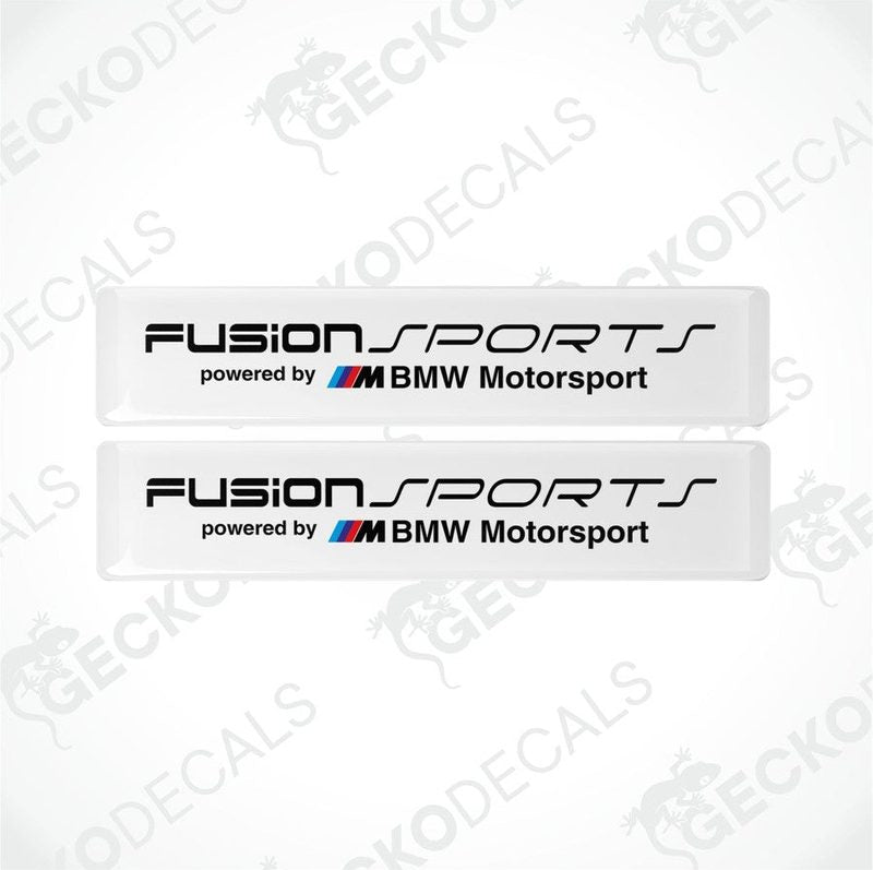 Two white vinyl decals with white text and the BMW Motorsport logo, one above the other, on a black background.