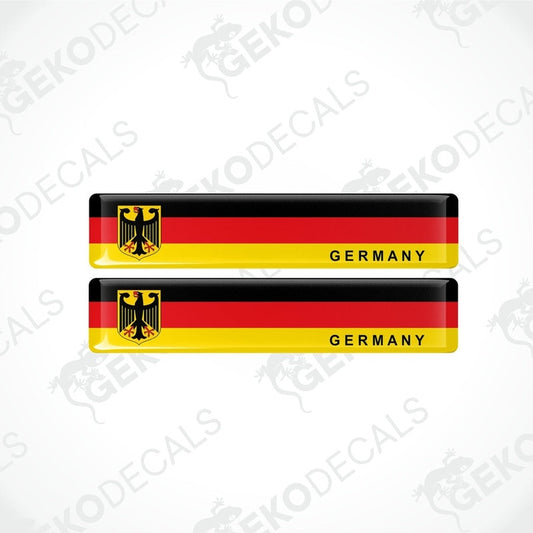 Two vinyl decals with a polyurethane coating featuring the flag of Germany and the text 'GERMANY', including the national emblem.