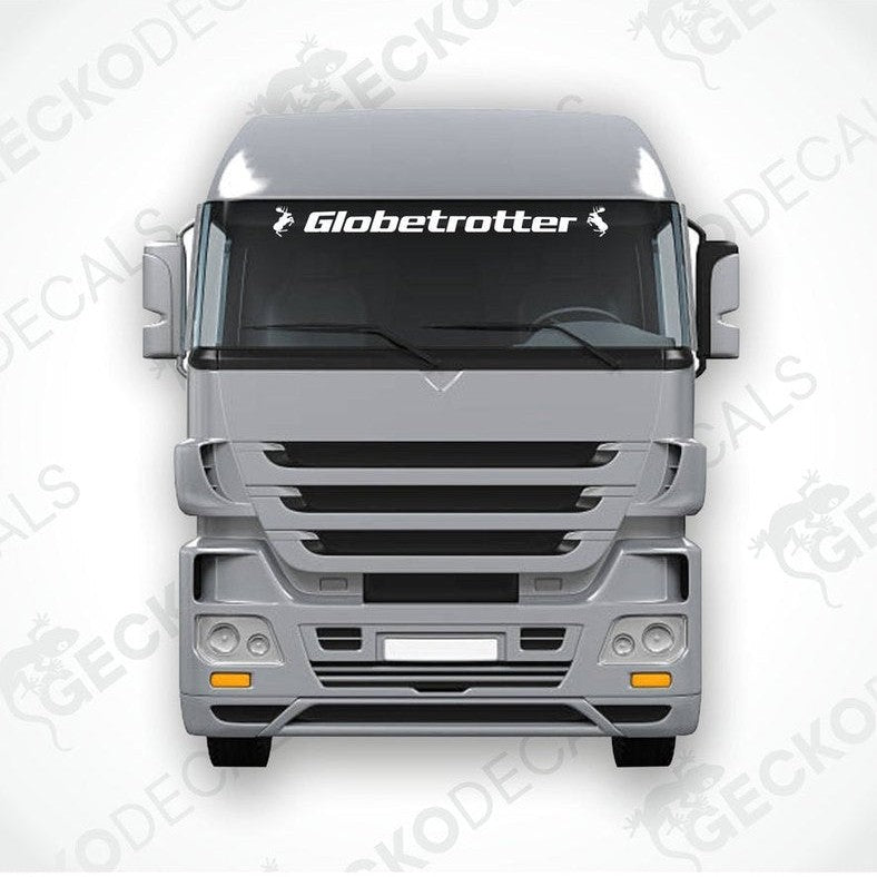 A die cut decal with the text 'Globetrotter' displayed on the front windscreen of a truck.
