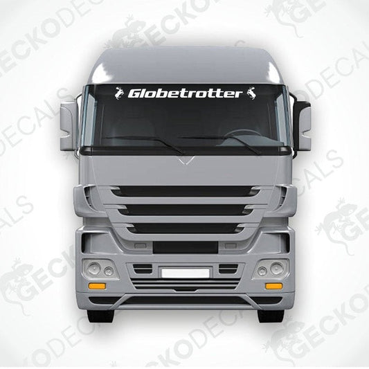 A die cut decal with the text 'Globetrotter' displayed on the front windscreen of a truck.