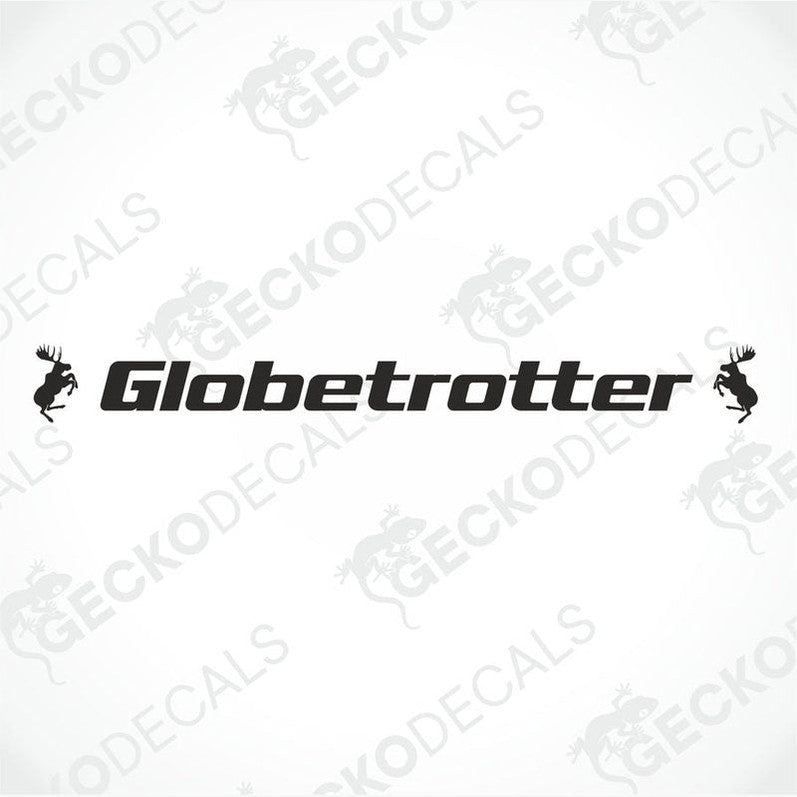 A die cut decal with the text 'Globetrotter' displayed on the front windscreen of a truck.