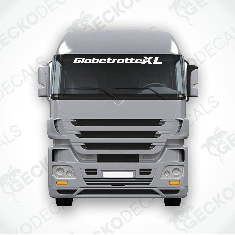 A die cut decal with the text 'GlobetrotterXL' displayed on the front windscreen of a gray truck.