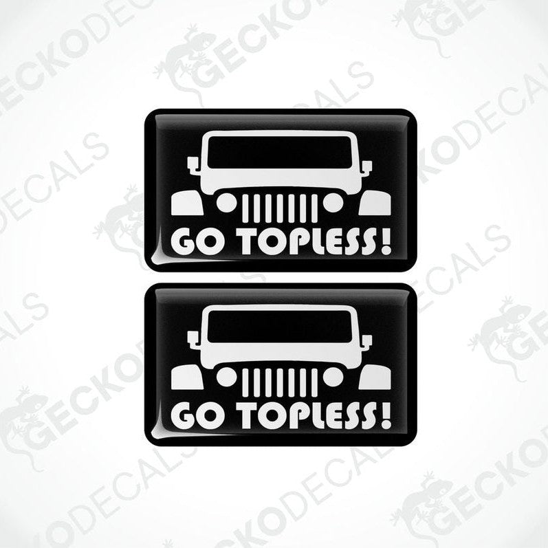 Two black and white vinyl decals with the text 'GO TOPLESS!' and a Jeep graphic