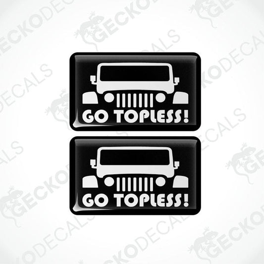 Two black and white vinyl decals with the text 'GO TOPLESS!' and a Jeep graphic