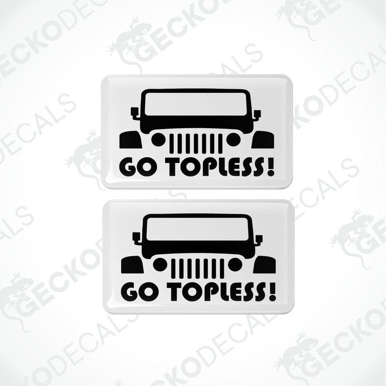 Two withe and black vinyl decals with the text 'GO TOPLESS!' and a Jeep graphic