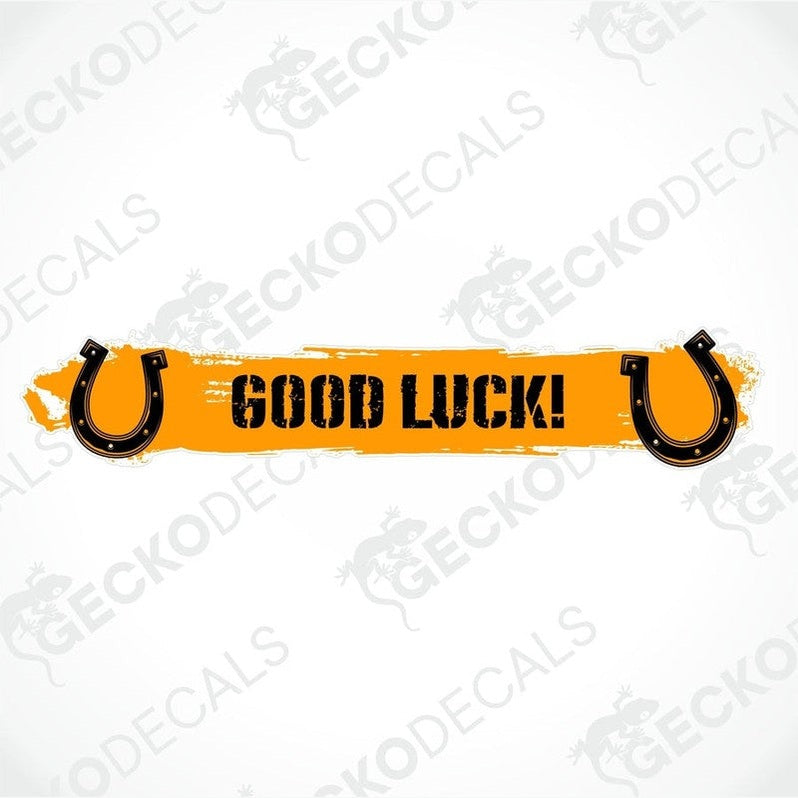 GOOD LUCK! decorative sticker with horseshoes on orange banner
