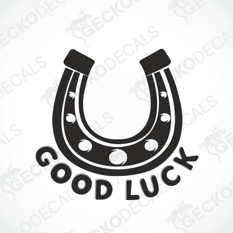 A black and white die cut decal with the text 'GOOD LUCK' and a horse hoof design.