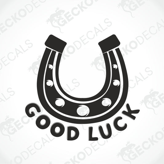 A black and white die cut decal with the text 'GOOD LUCK' and a horse hoof design.