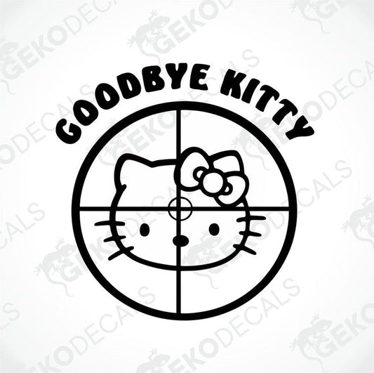 A black and white sticker with the text 'GOODBYE KITTY' and a depiction of Hello Kitty inside a circle with a target-like pattern.