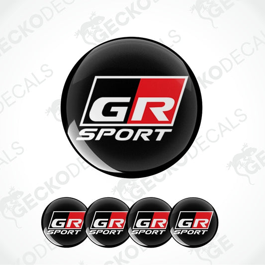 A set of circular black decals featuring the red, white, and black GR Sport logo, with one large decal shown above four smaller identical decals on a light gray background with faint watermark text.