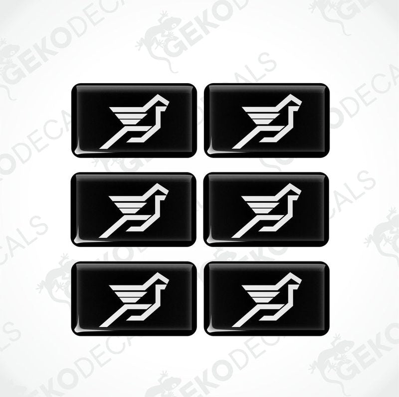Set of six black and white vinyl decals with a bird logo.