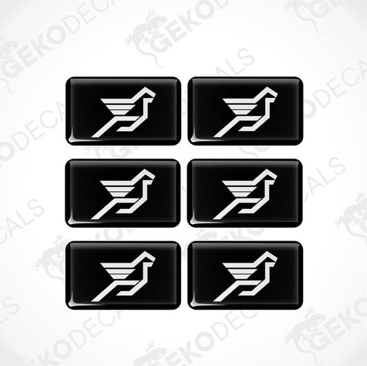 Set of six black and white vinyl decals with a bird logo.