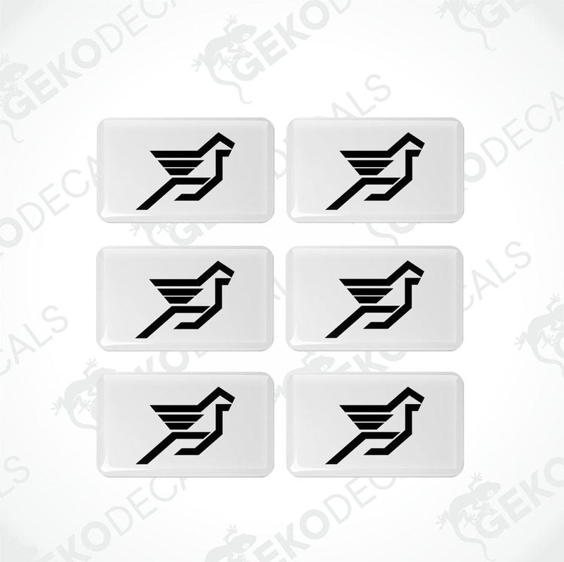 Set of six white and black vinyl decals with a bird logo.