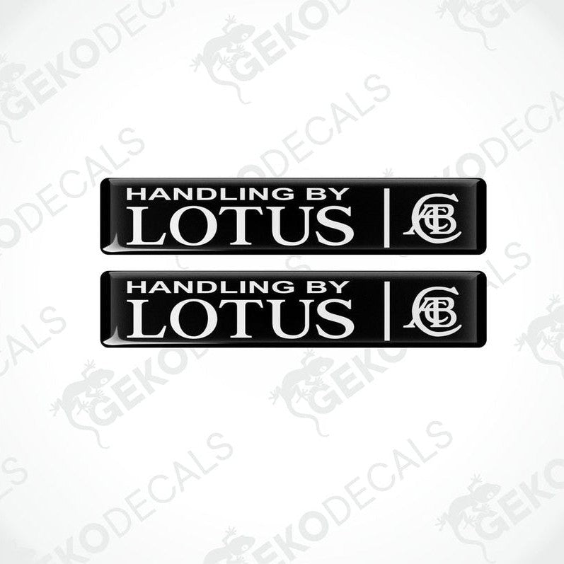 Two black vinyl decals with white text and Lotus logo, labeled ' Handling by LOTUS '.