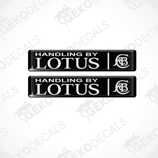 Two black vinyl decals with white text and Lotus logo, labeled ' Handling by LOTUS '.