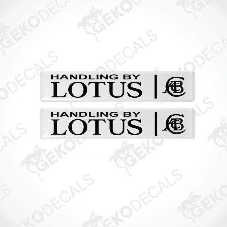 Two white vinyl decals with black text and Lotus logo, labeled ' Handling by LOTUS '
