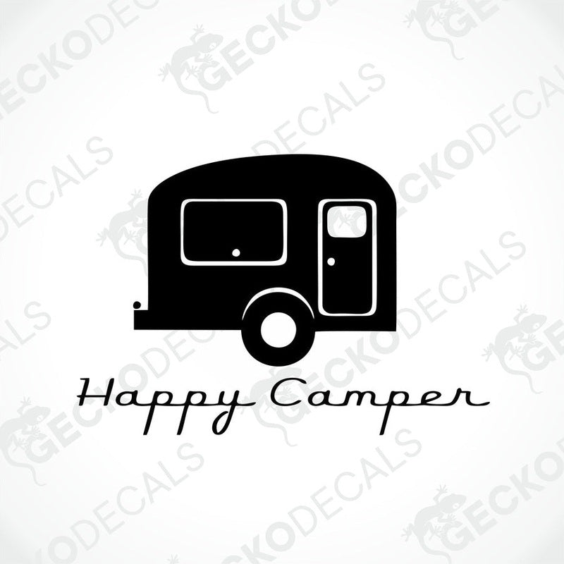 Black Happy Camper retro trailer die-cut decal on transfer paper