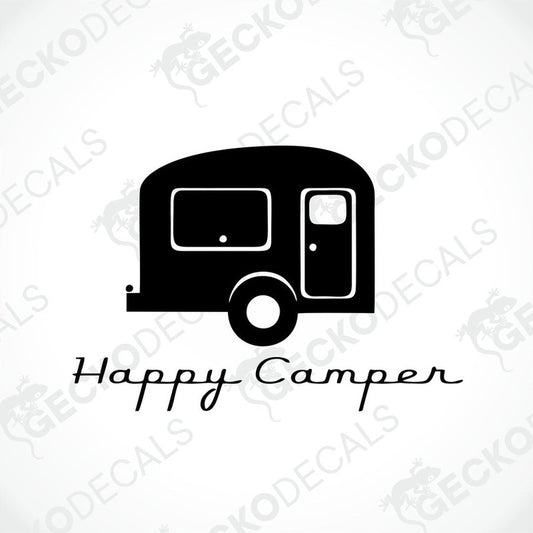 Black Happy Camper retro trailer die-cut decal on transfer paper
