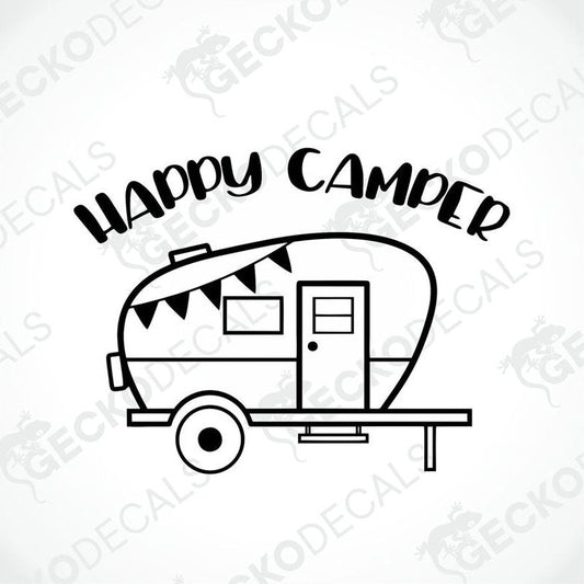 Happy camper die cut decal with vintage trailer and bunting design